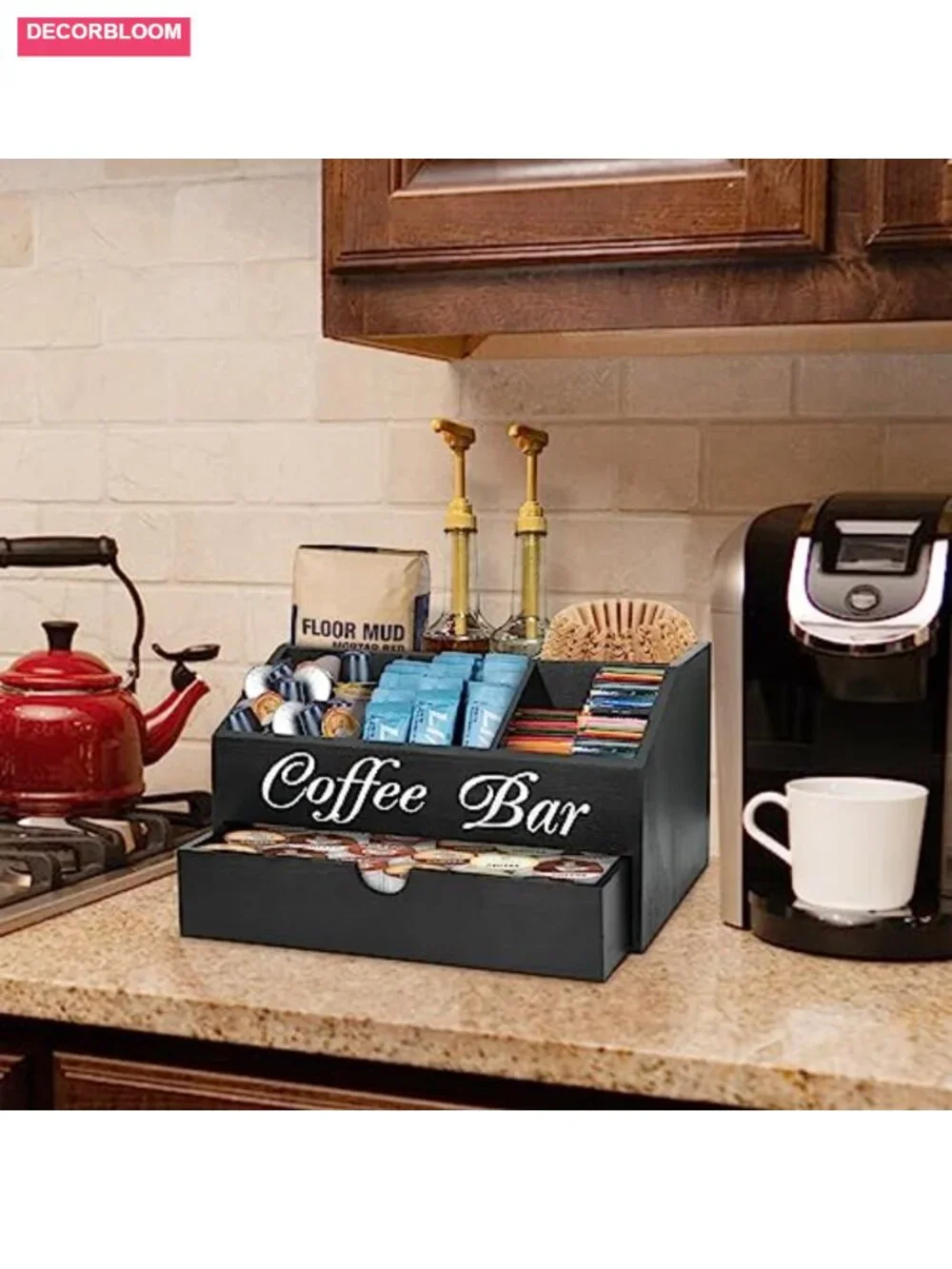 Wood Coffee Bar Organizer with Drawer, Countertop Storage, Farmhouse Tea